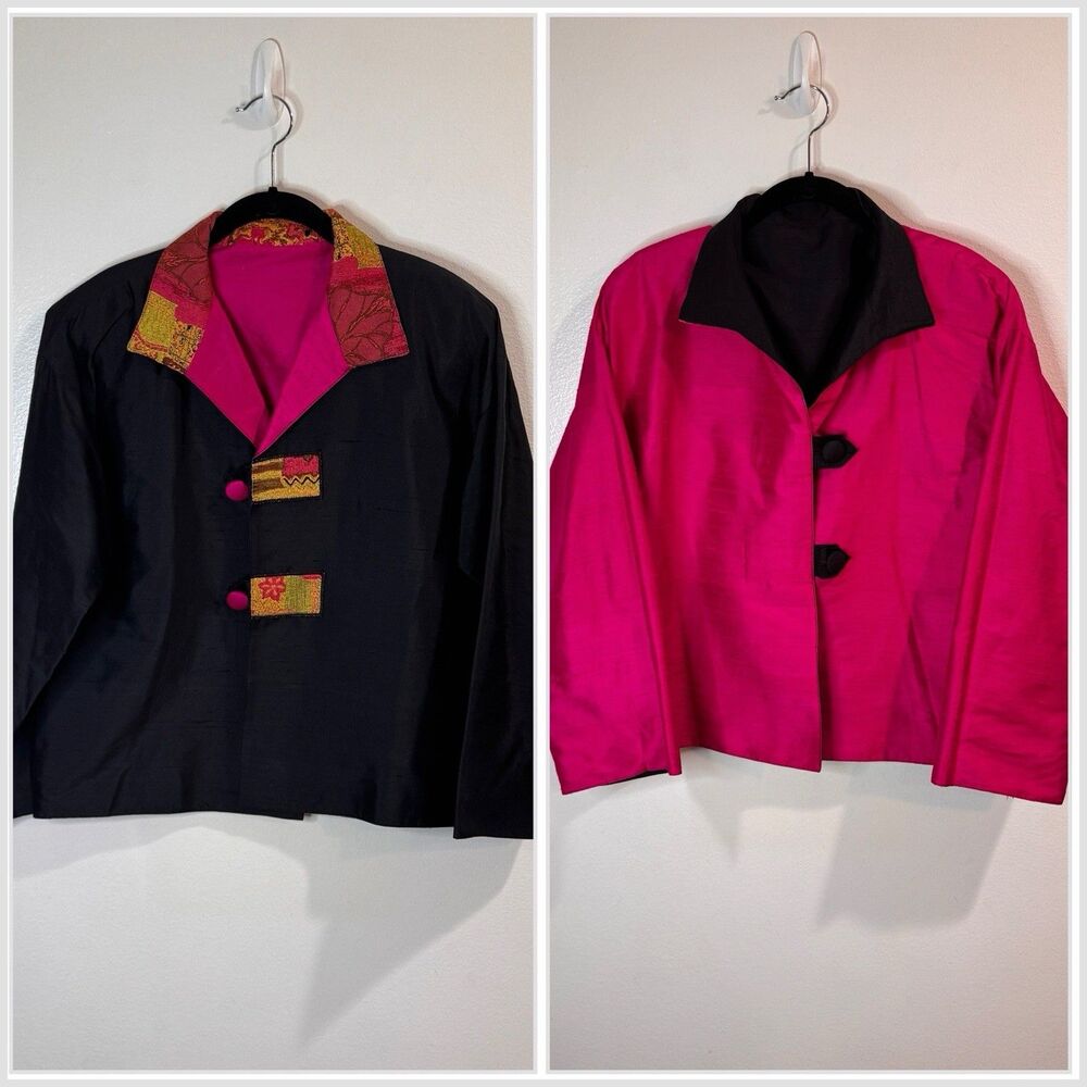 Vintage 80s 90s Blazer Coat Reversible L 100% Raw Silk Pink Black Art to Wear